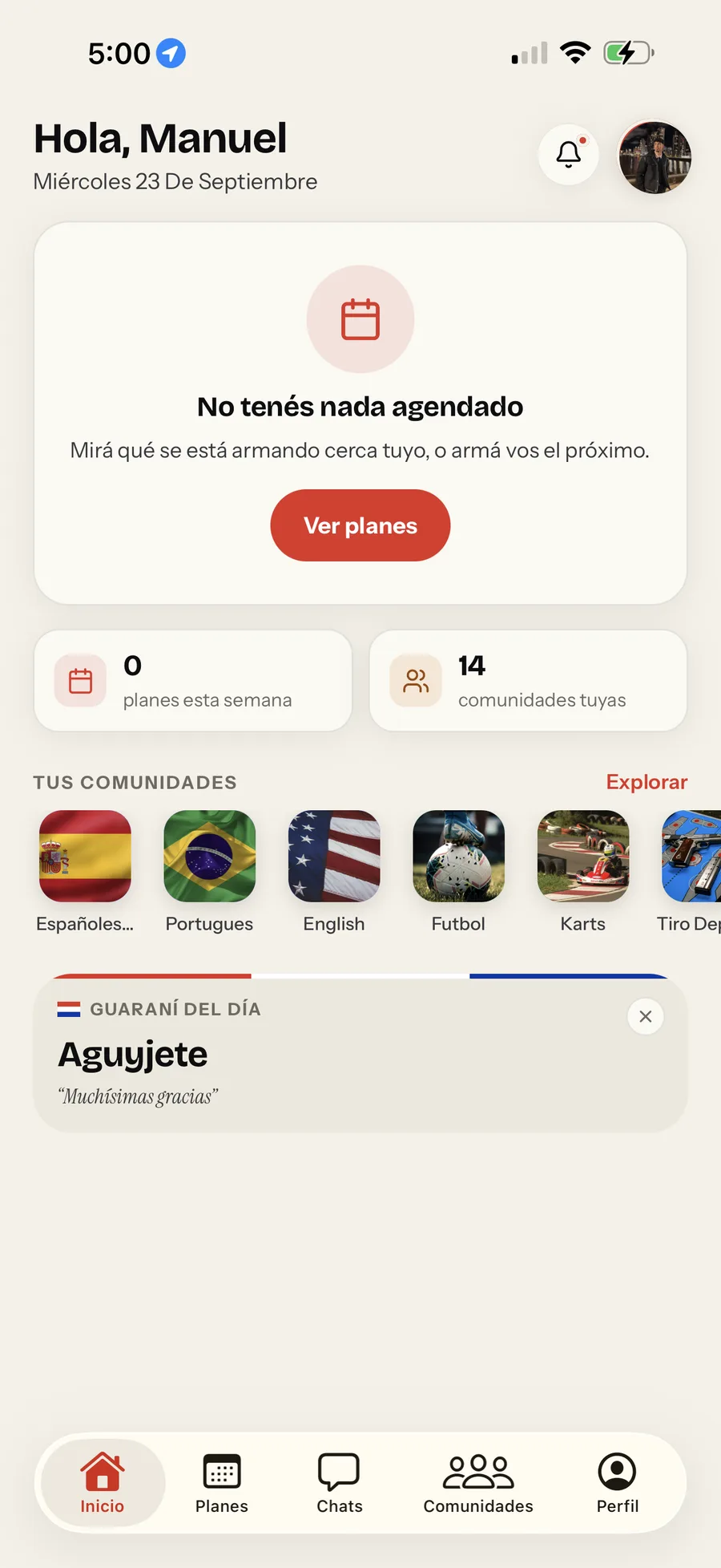 Pantalla de inicio de Junte con 14 comunidades