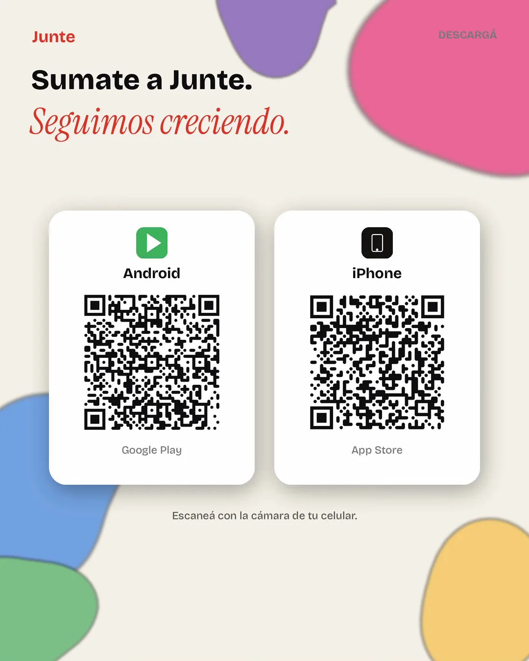 Descargá Junte. QR de Google Play y App Store.